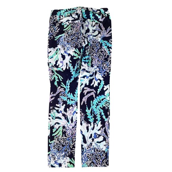 Lilly Pulitzer Kelly Skinny Ankle Pants Deep Indigo Coral Jacquard Textured - 0 - Picture 2 of 5